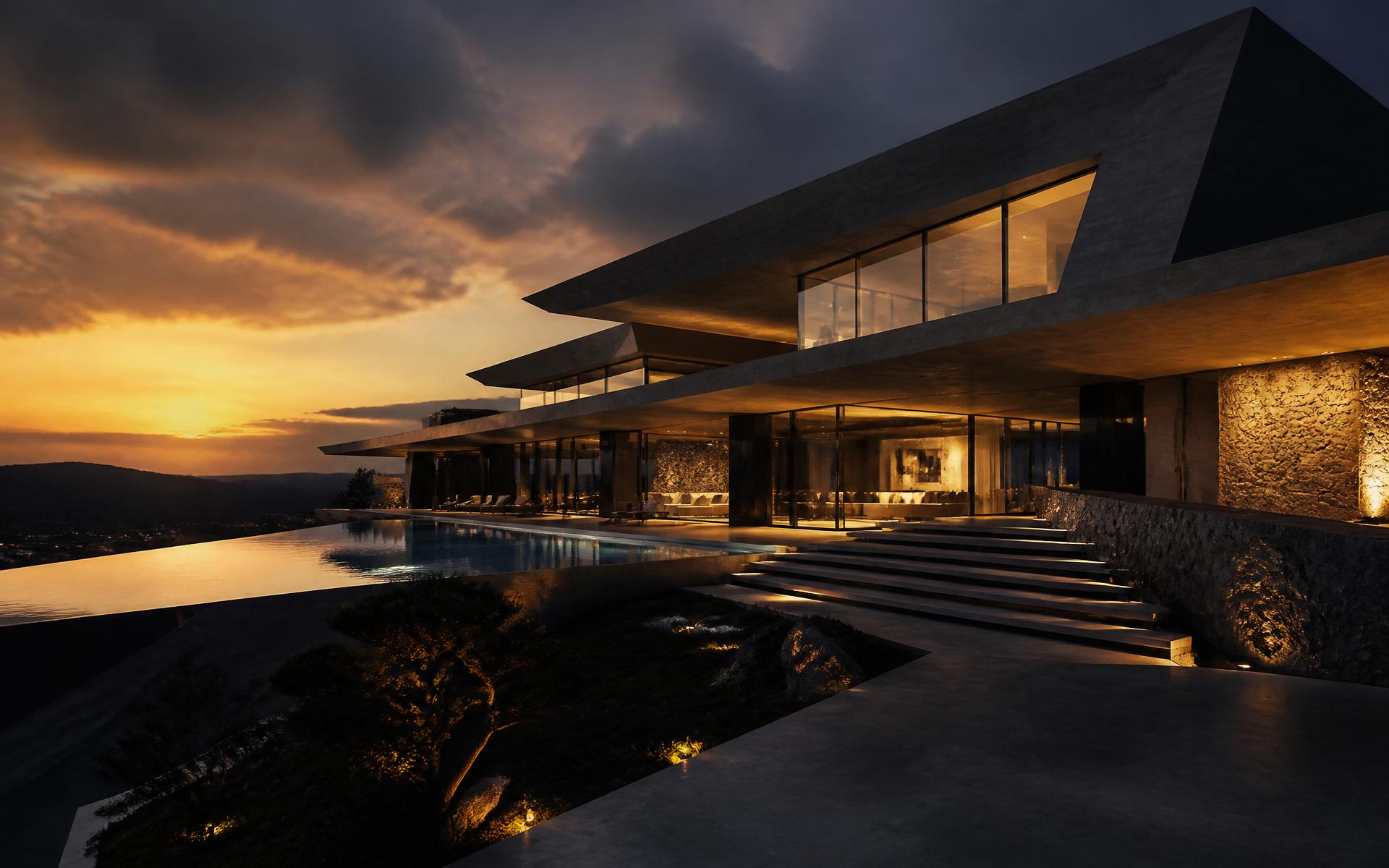 Modern lüks mimari villa altın saatte